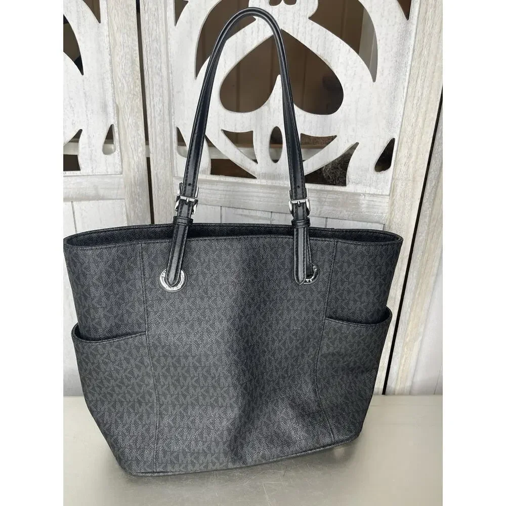 Michael Kors Signature Large Jet Set Logo Tote Black With Silver Hardware